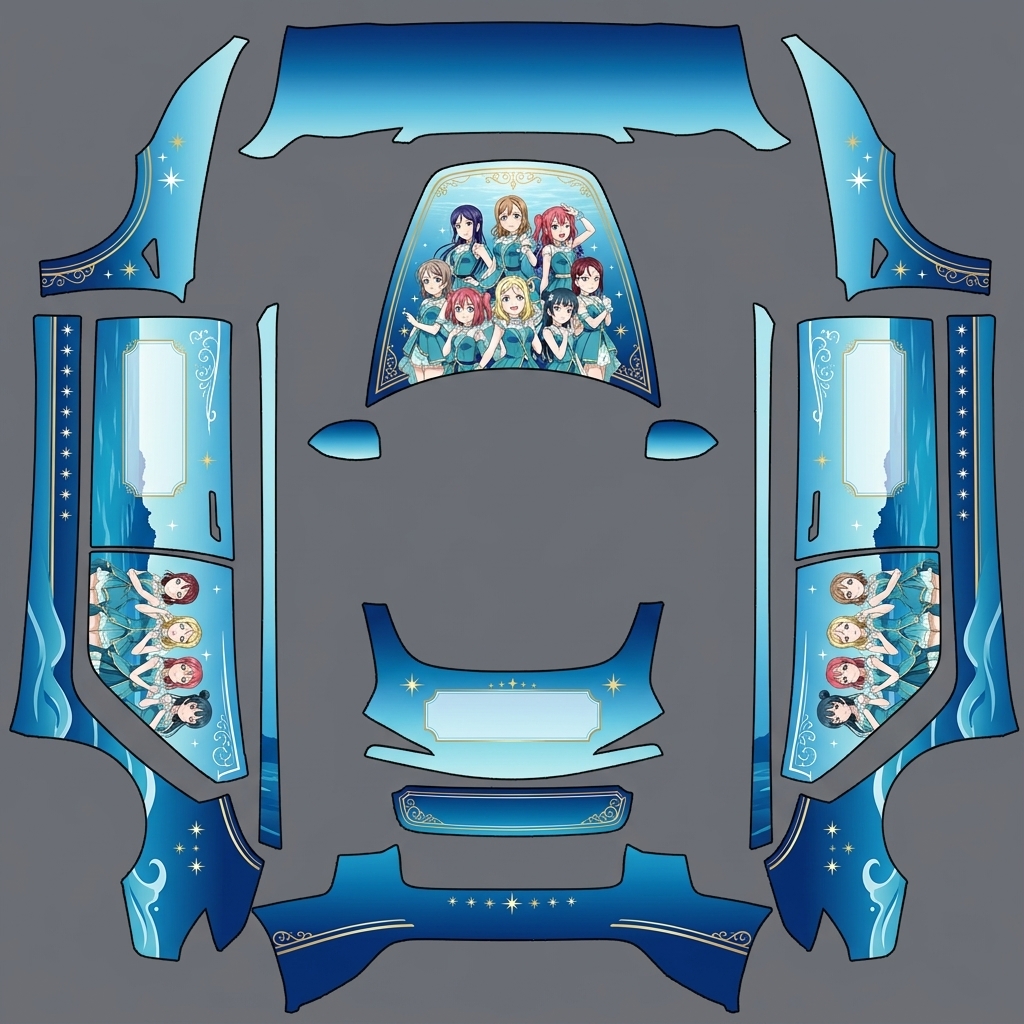 动漫痛车设计概念图，特斯拉焕新 Model 3 Highland，Love Live! Suns — Model 3 (2024+) Standard & Premium car wrap on a Model 3 (2024+) Standard & Premium
